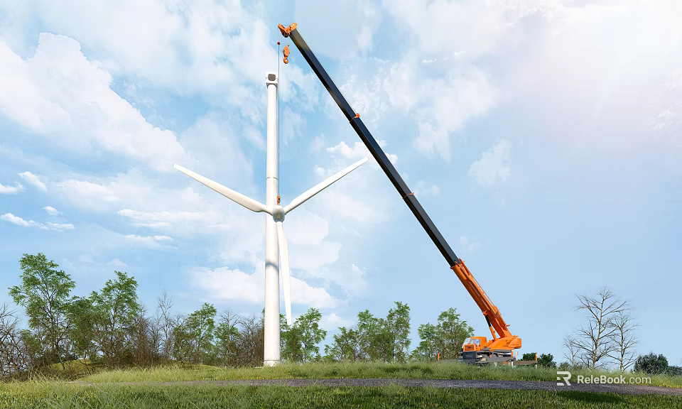 Industrial Equipment Orange Mobile Crane Installing Wind Turbine in Outdoor Grassland Under Blue Sky 3d model 