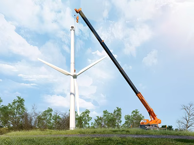 Industrial Equipment Orange Mobile Crane Installing Wind Turbine in Outdoor Grassland Under Blue Sky 3d model