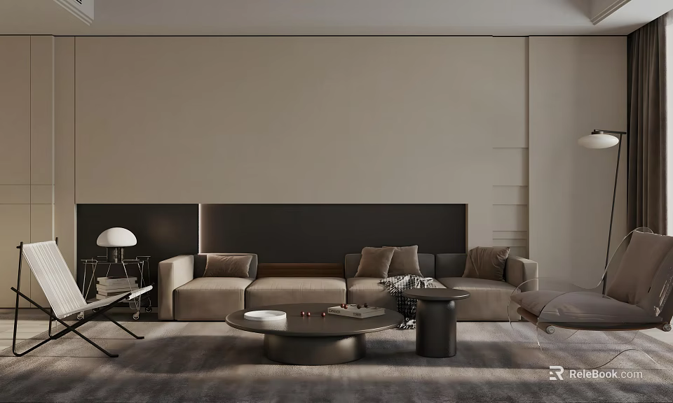 Modern Living Room Featuring Beige Sofa Black Accent Wall Round Coffee Table And Gray Rug 3d model 