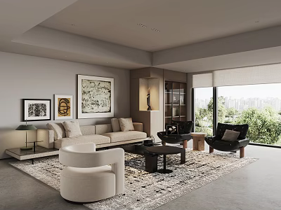 Modern Living Room Interior With Beige Sofa Armchairs Area Rug Artwork And Large Windows 3d model