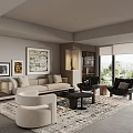 Modern Living Room Interior With Beige Sofa Armchairs Area Rug Artwork And Large Windows