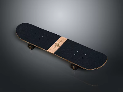 Stylish Black Skateboard With Wooden Stripe Grip Tape And Smooth Wheels 3d model