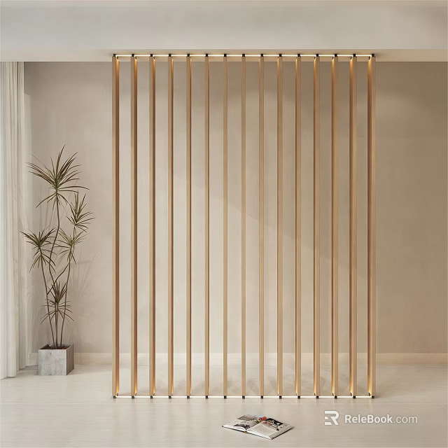 Modern Golden Vertical Slat Room Divider with Potted Plant and Light Wall 3d model 