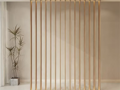 Modern Golden Vertical Slat Room Divider with Potted Plant and Light Wall 3d model