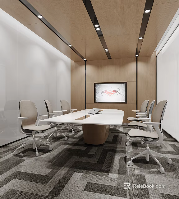 Modern Conference Room With White Table Grey Chairs Large Screen And Wooden Walls 3d model 