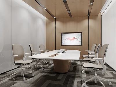 Modern Conference Room With White Table Grey Chairs Large Screen And Wooden Walls 3d model