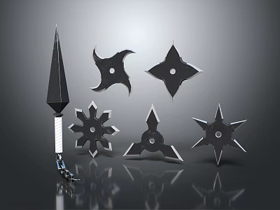 Tactical Black Modern Metallic Weapons Set With Spear And Shurikens 3d model