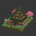 Cartoon Scene Of Japanese Multilayer Tower With Black Roof Pink Cherry Blossoms And Green Grass