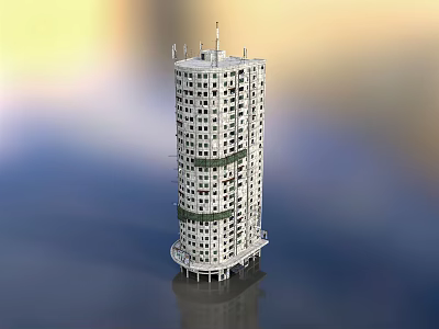 Modern High Rise Building Featuring Multiple Floors Windows And Unique Waterfront Design 3d model