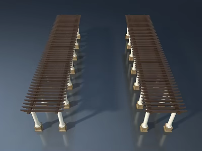 Elegant Wooden Swing Door With White Columns And Brown Slatted Design 3d model