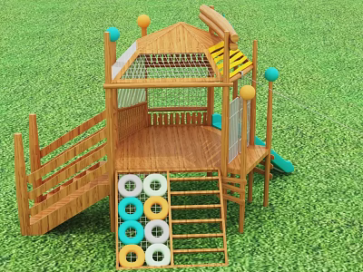 Wooden Kids Play Area With Platform Net Slide Climbing Rings And Railings 3d model