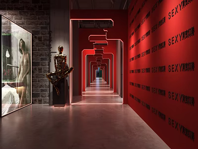 Modern Cinema Interior With Red Walls Artwork Sculpture And Illuminated Corridor Design 3d model