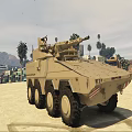 Tan Colored Armored Tank Parked On Beach With Urban Landscape And Palm Trees