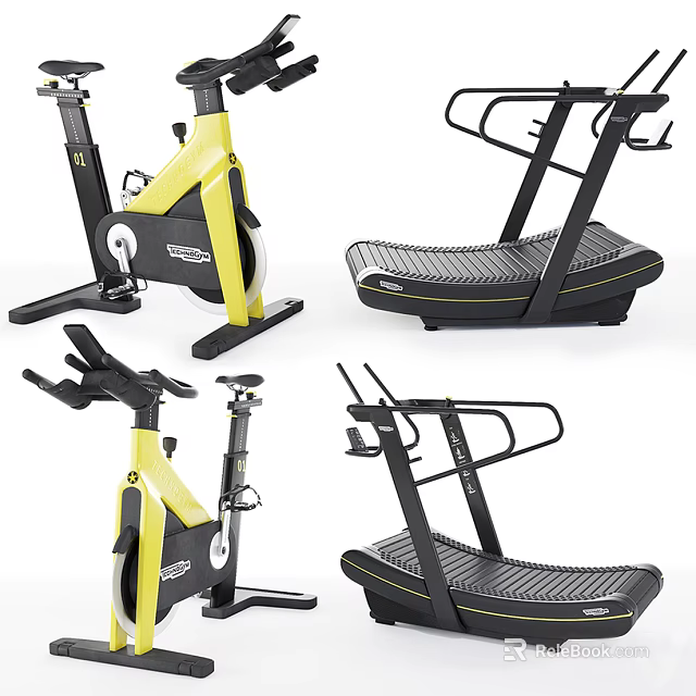 Fitness Sports Equipment Modern Yellow Black Design Exercise Bike And Treadmill For Home Gym 3d model 