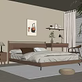 Warm Modern Bedroom Interior With Wooden Bed Nightstand Lamp And Wall Art