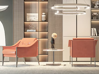 Orange Accent Chairs with Side Table Wooden Shelves Decorative Items and Modern Pendant Light 3d model