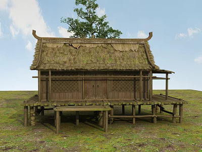 Traditional Thatched Stilt House With Wooden Structure Green Grassland And Surrounding Tree 3d model