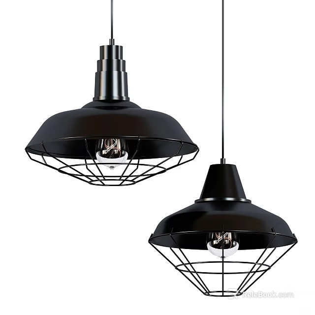 Modern Industrial Black Metal Pendant Lights With Wire Cage Design 3d model 