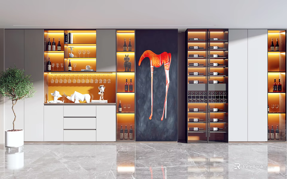 Modern Wine Cabinet Design With LED Lighting Wine Bottles Glasses And Flamingo Artwork 3d model 