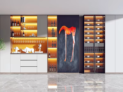 Modern Wine Cabinet Design With LED Lighting Wine Bottles Glasses And Flamingo Artwork 3d model