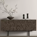Modern Console Table with Geometric Patterns Decorative Vase Statues on Light Wall Wooden Floor 3d model