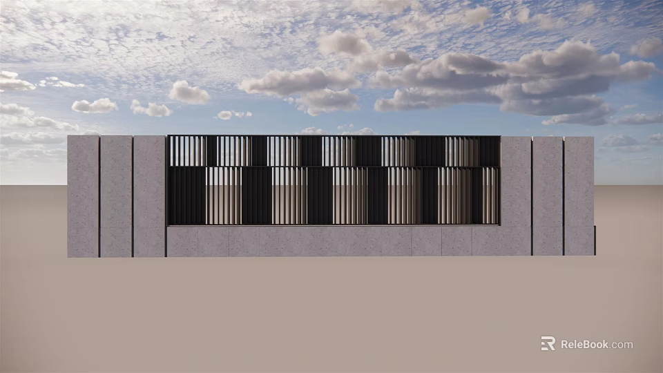 Modern Feature Wall Design With Vertical Metal Slats And Gray Stone Panel Under Blue Sky 3d model 