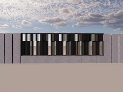 Modern Feature Wall Design With Vertical Metal Slats And Gray Stone Panel Under Blue Sky 3d model