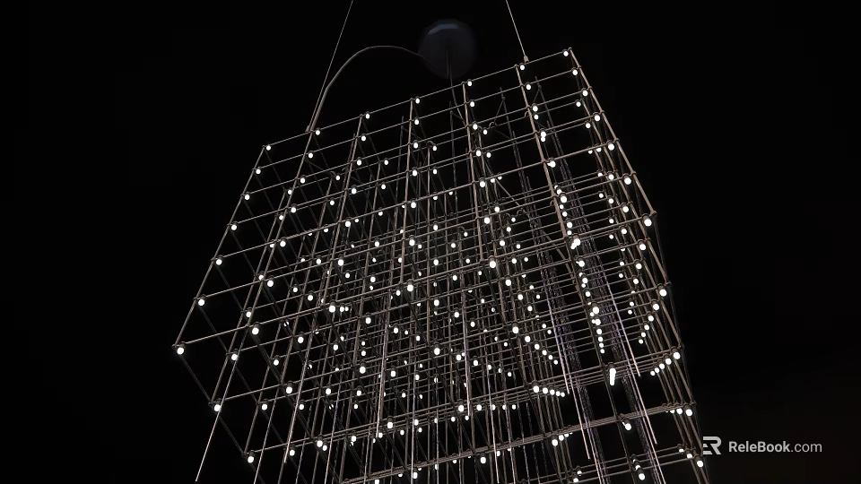 Modern Geometric Grid Chandelier With Metal Frame And Small Bright Illuminated Bulbs 3d model 