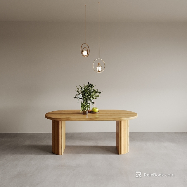 Oval Wooden Dining Table With Green Plant Fruits And Hanging Pendant Lights In Minimalist Space 3d model 