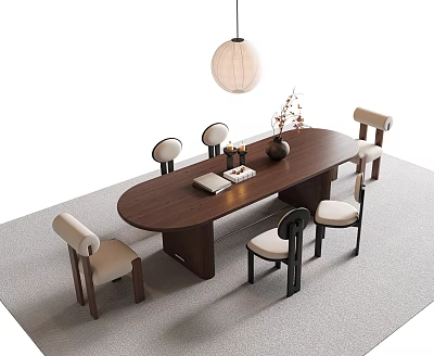 Wooden Dining Table And Six Chairs With Upholstered Seats Pendant Light And Flower Arrangement 3d model