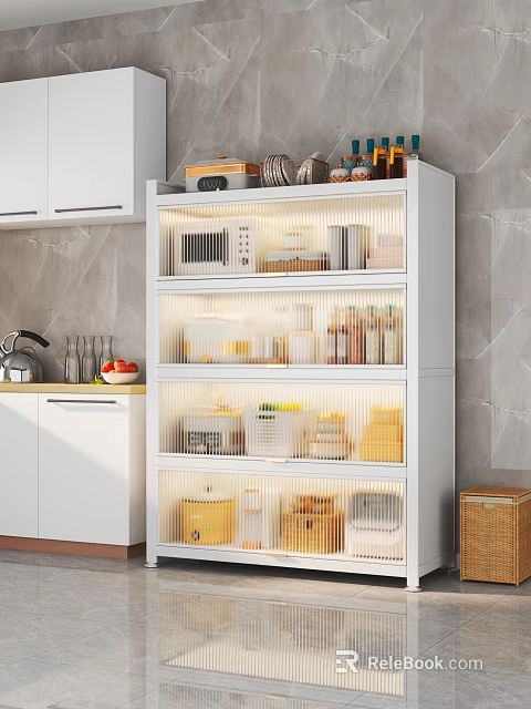 Modern White Illuminated Kitchen Side Cabinet With Fluted Glass Doors For Neat Kitchenware Organization 3d model 