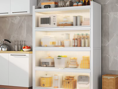 Modern White Illuminated Kitchen Side Cabinet With Fluted Glass Doors For Neat Kitchenware Organization 3d model
