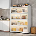 Modern White Illuminated Kitchen Side Cabinet With Fluted Glass Doors For Neat Kitchenware Organization