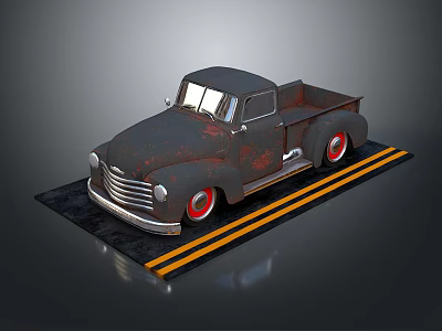 Vintage Rusty Truck With Red Rims On Yellow Striped Display Platform 3d model