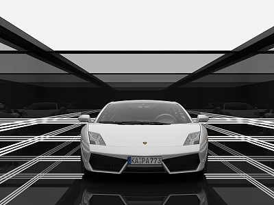 White Lamborghini Sports Car Parked in Space With Geometric Line Floor And Black Ceiling Structure 3d model