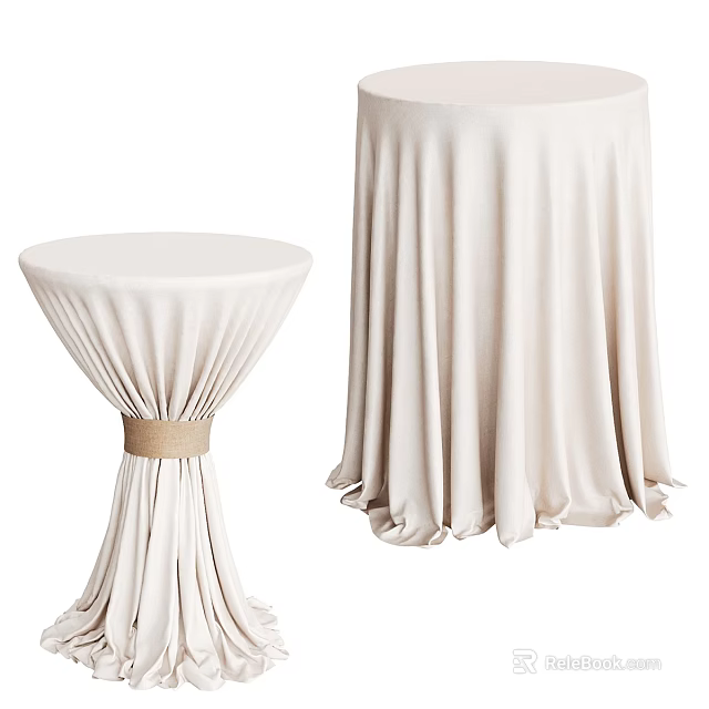 Elegant Round Tables with Ivory Tablecloths Different Heights and Flowy Pleated Design 3d model 