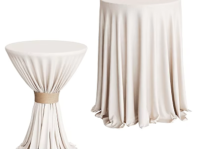 Elegant Round Tables with Ivory Tablecloths Different Heights and Flowy Pleated Design 3d model