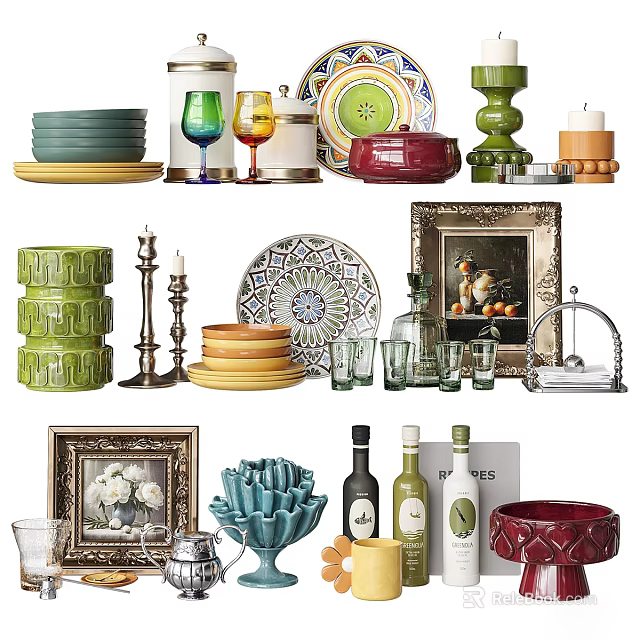 Colorful Ceramic Tableware Collection With Ornate Patterns Decorative Vases Plates Bowls 3d model 