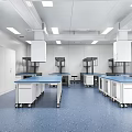 Clean Modern Laboratory Interior With Blue Workbenches And White Cabinets 3d model