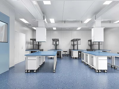 Clean Modern Laboratory Interior With Blue Workbenches And White Cabinets 3d model
