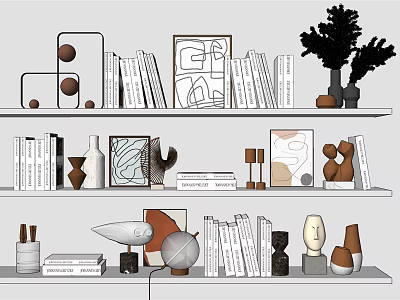 Modern Decorative Ornament Set with Books Geometric Sculptures Vases and Artworks on Layered Shelves 3d model
