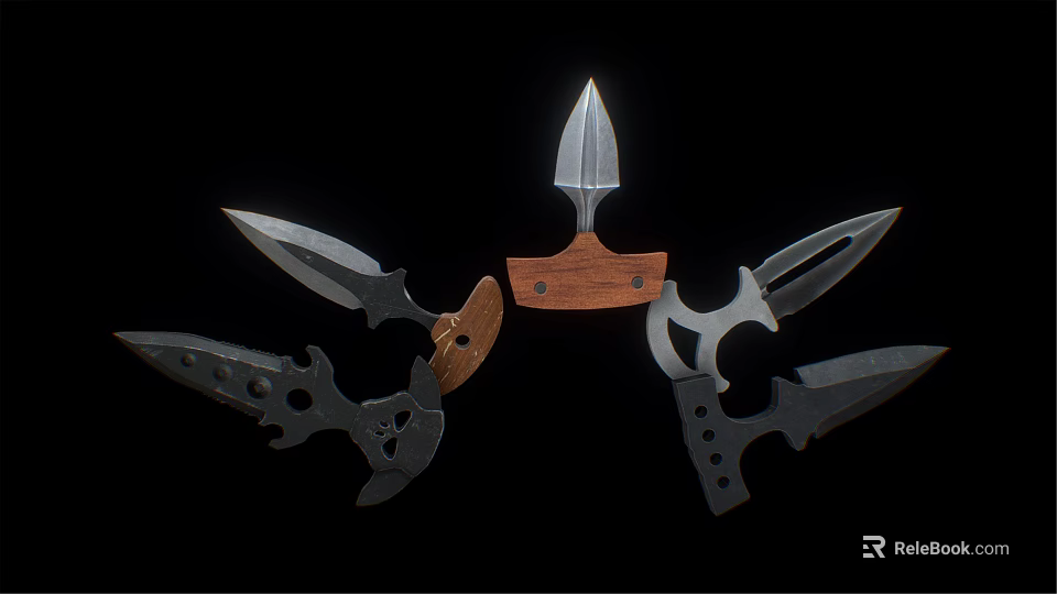 Assorted Daggers With Different Shapes Metal Blades And Wooden Handle 3d model 