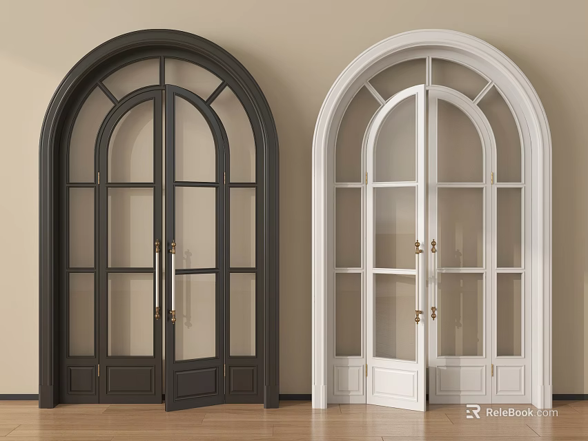 Stylish Arched Double Doors With Glass Panels Golden Handles Light Wall And Wooden Floor 3d model 