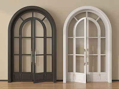 Stylish Arched Double Doors With Glass Panels Golden Handles Light Wall And Wooden Floor 3d model