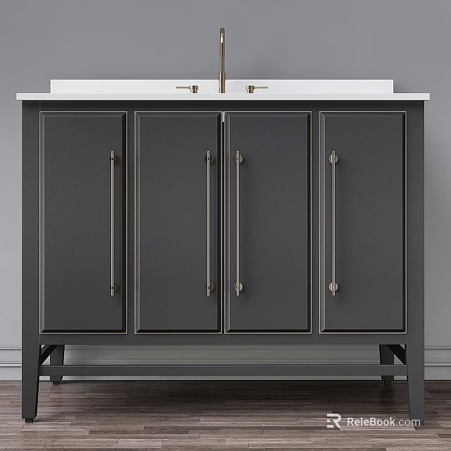 Modern Dark Gray Washbasin Cabinet With White Countertop And Metal Handles 3d model 
