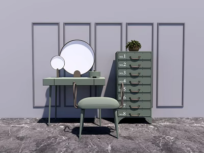 Green Dressing Table With Large Mirror Small Mirror Matching Stool And Drawer Cabinet 3d model