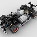 Building Blocks Assembled Car Chassis With Black Wheels Red Hubs Gears And Engine Parts