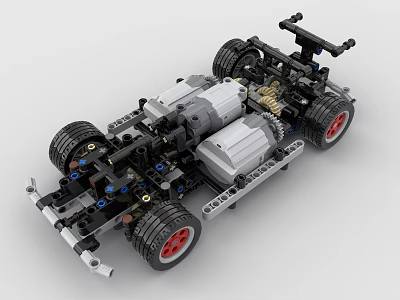 Building Blocks Assembled Car Chassis With Black Wheels Red Hubs Gears And Engine Parts 3d model