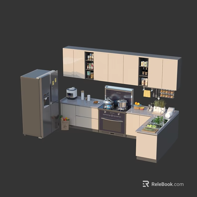 Modern Kitchen Cabinets Design with Refrigerator Microwave Stove Sink Vegetables and Spices 3d model 