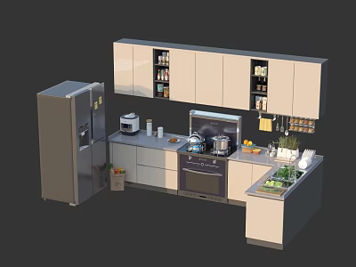 Modern Kitchen Cabinets Design with Refrigerator Microwave Stove Sink Vegetables and Spices 3d model